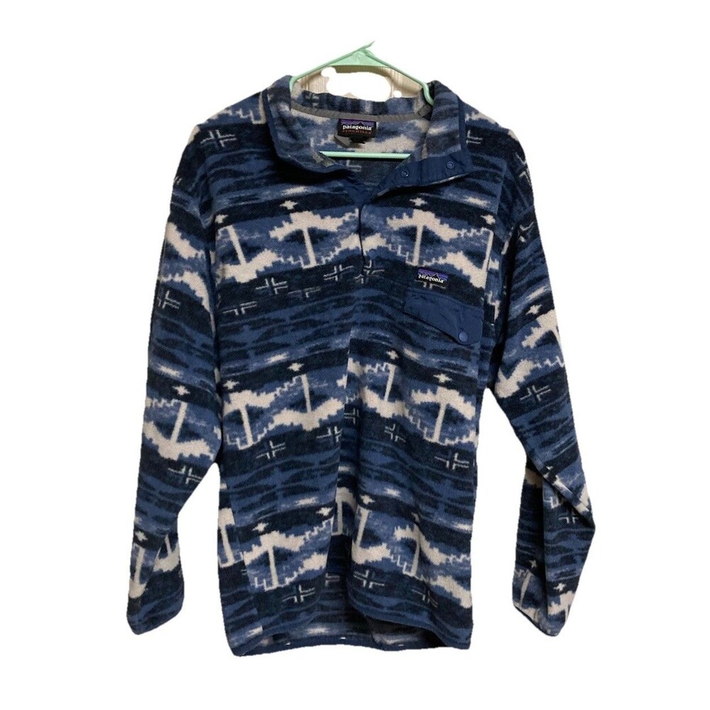 Men's Patagonia Synchilla Snap-T Pullover Fleece Retro Stone Blue Aztec Print Lg - Picture 2 of 6